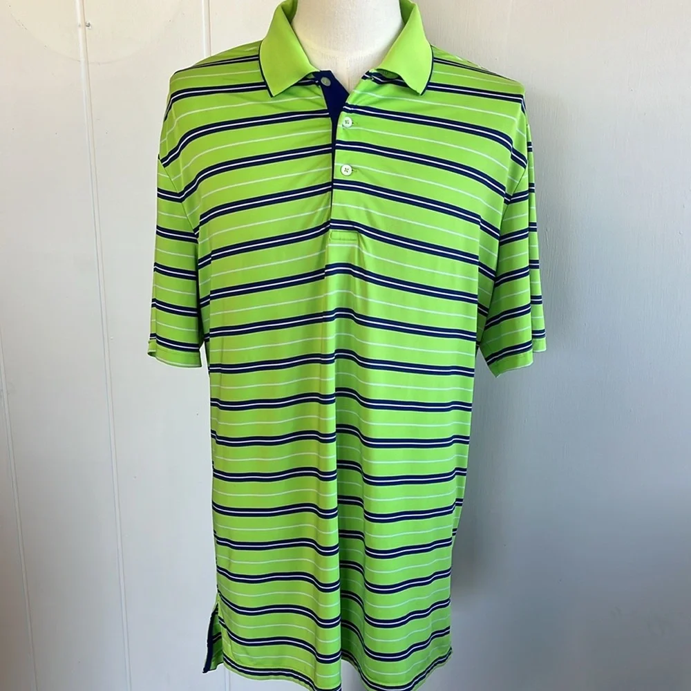 RLX Ralph Lauren Golf Polo Blue & Lime Green Stripes S/S Logo on Sleeve Men XL